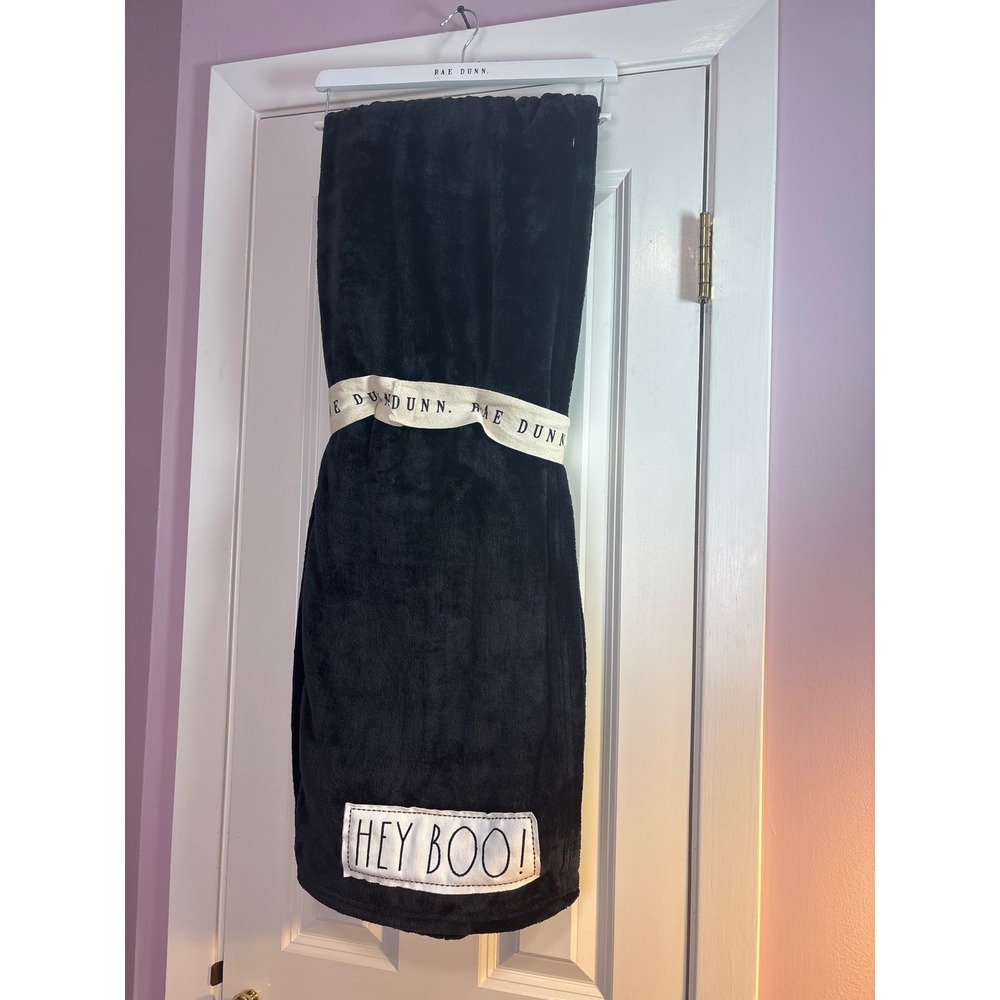 Rae Dunn Hey Boo Black Plush Fleece Halloween Throw Blanket Spooky Decor
